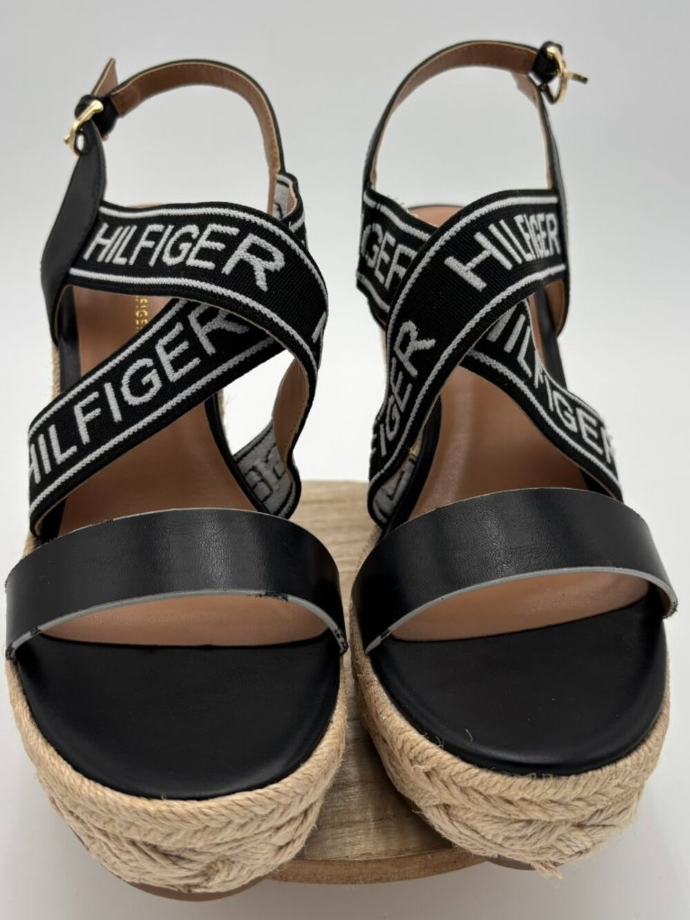 Tommy Hilfiger Black Logo Strap Espadrille Wedge Platform Sandals Shoes 9M